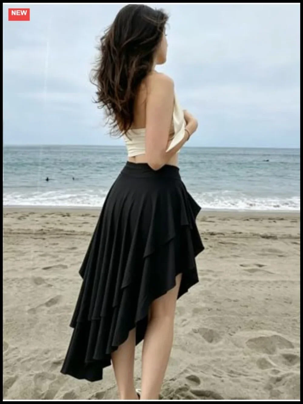 High Waist Ruffle Flowy Asymmetrical Split Midi Skirt